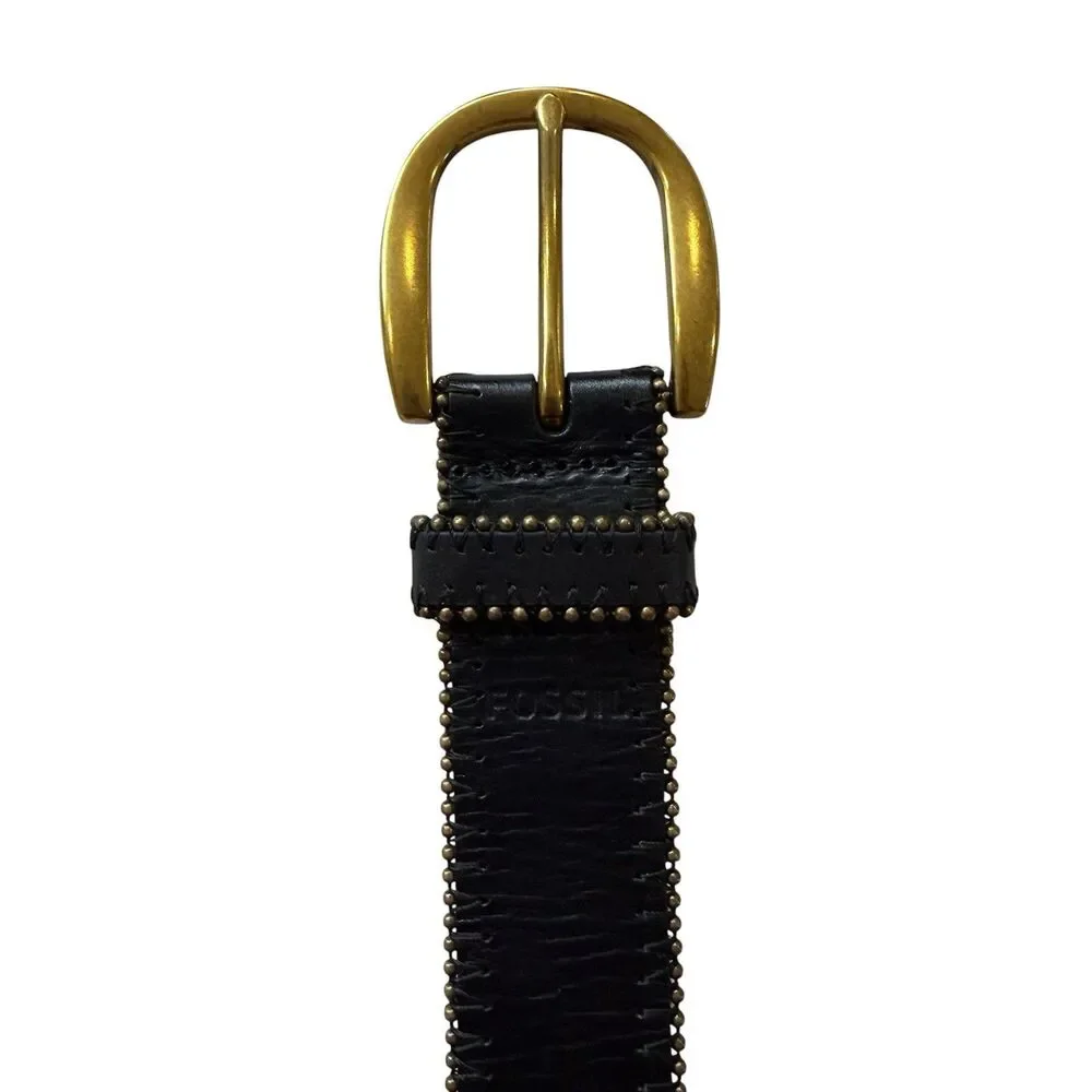 Fossil Black Croc-Embossed Leather Studded Belt Gold Buckle Size Medium